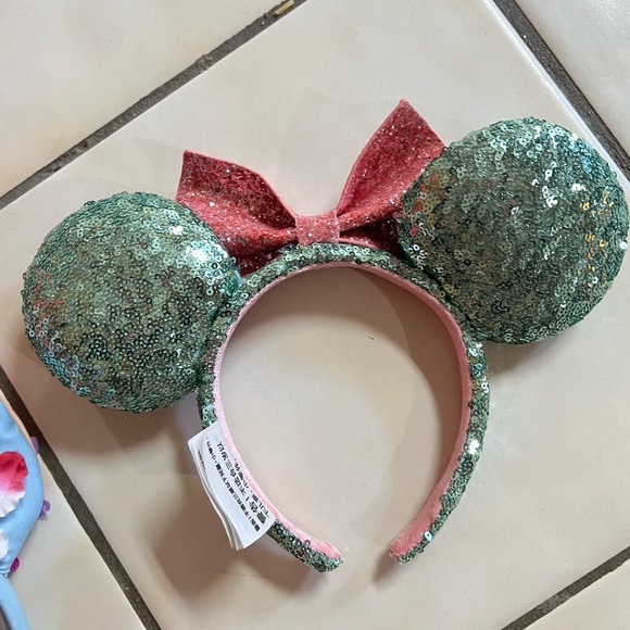 Green and Pink Minnie Mouse Ears mint green and baby oink sequin glitter EUC - Picture 2 of 2